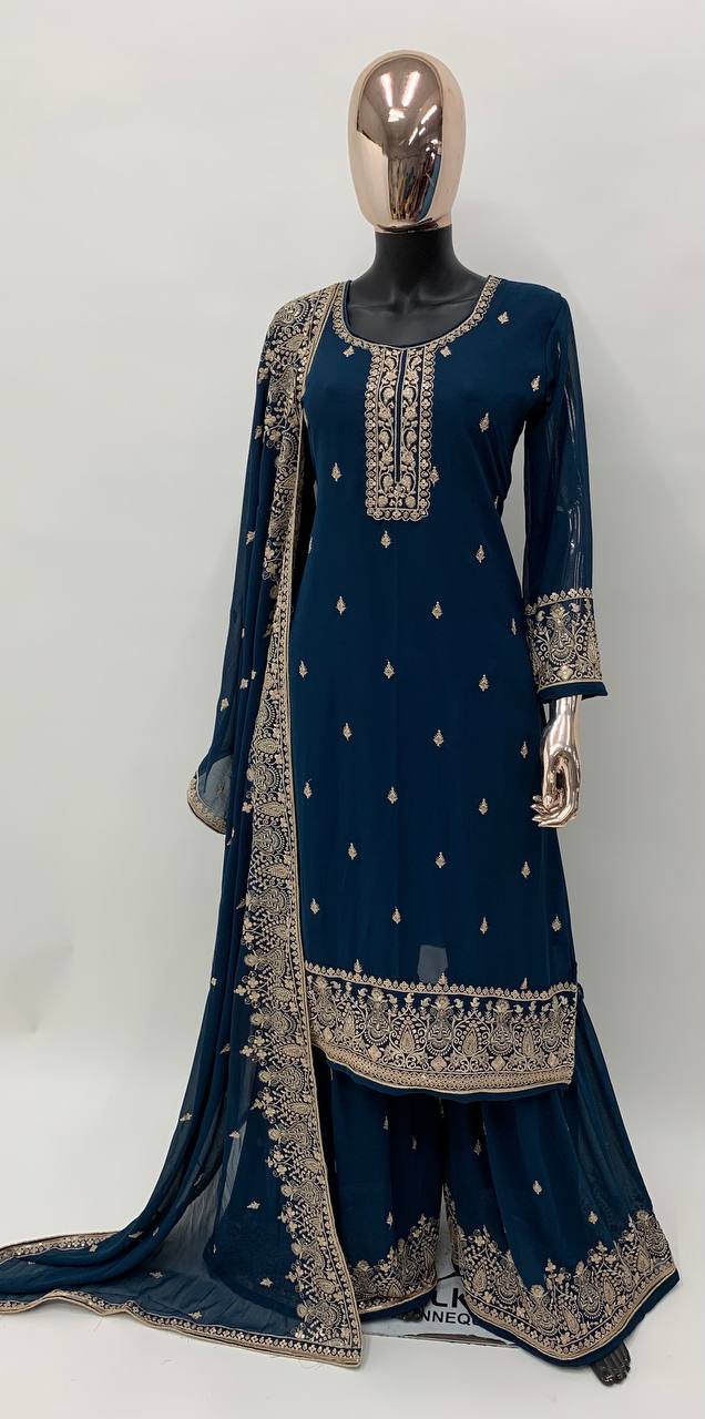 Blue Faux Georgette Stitched Top Bottom and Dupatta Long Sleeve Embroidered A-line Kurti