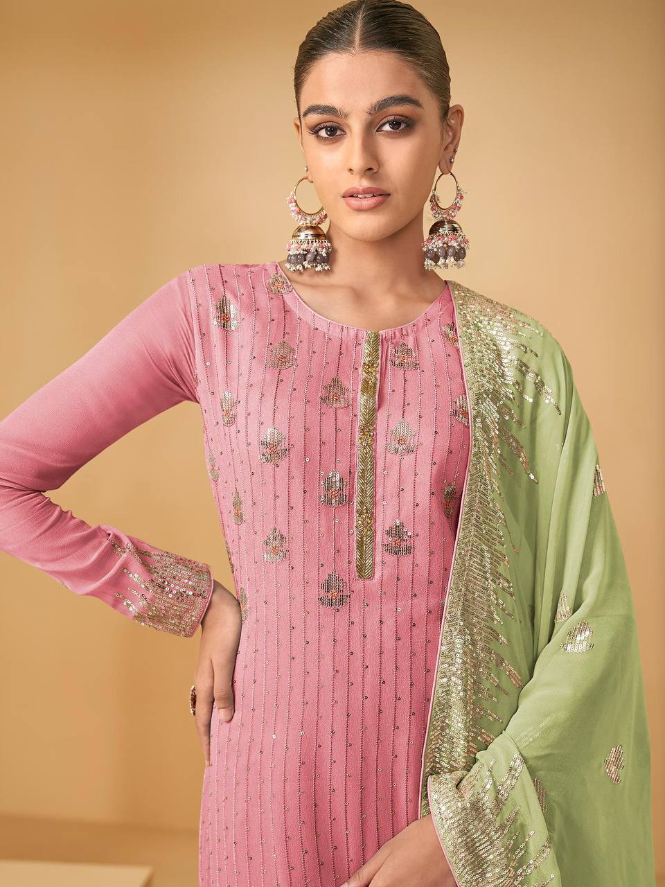 Peach Color Soft Georgette Sharara Suit Set with Green Contrast Dupatta