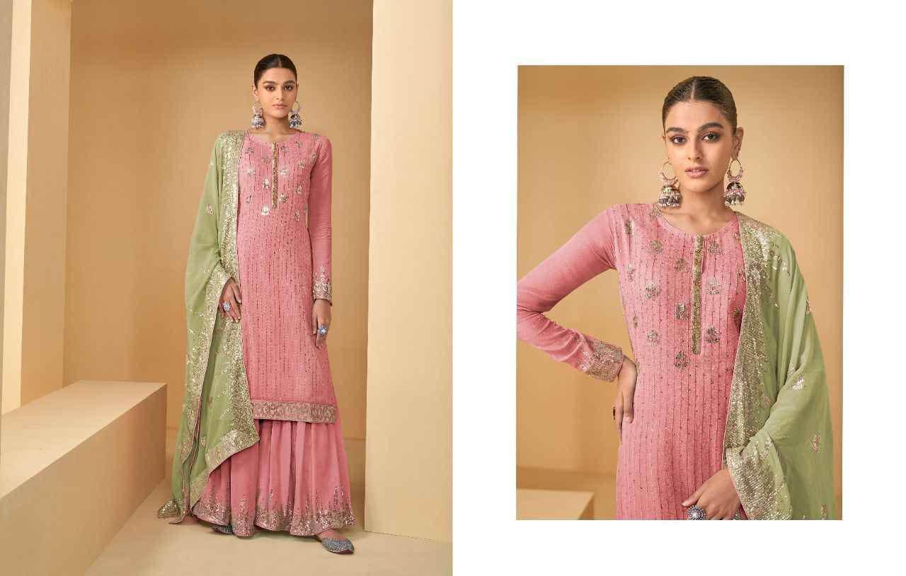 Peach Color Soft Georgette Sharara Suit Set with Green Contrast Dupatta