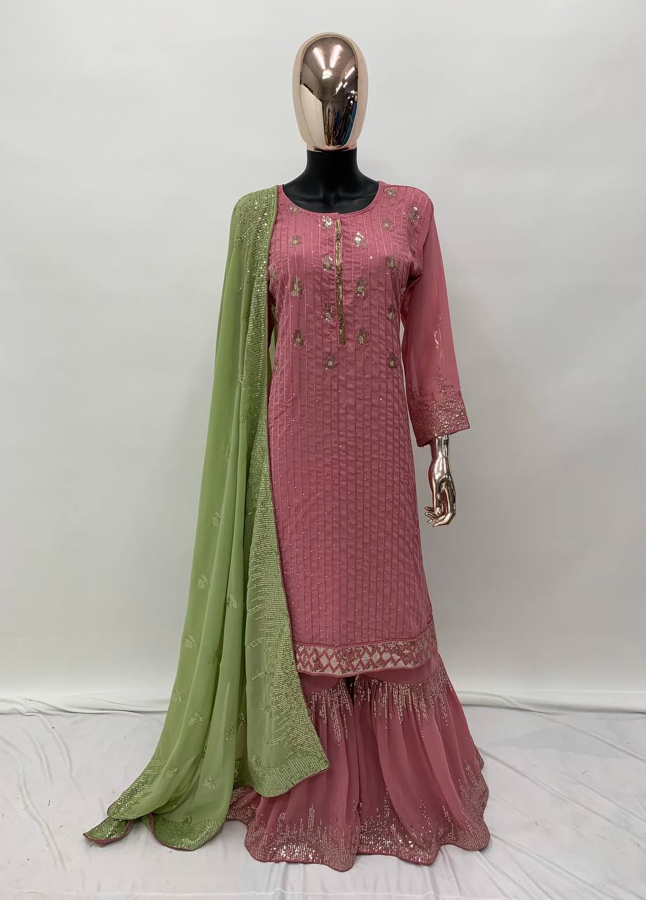Peach Color Soft Georgette Sharara Suit Set with Green Contrast Dupatta