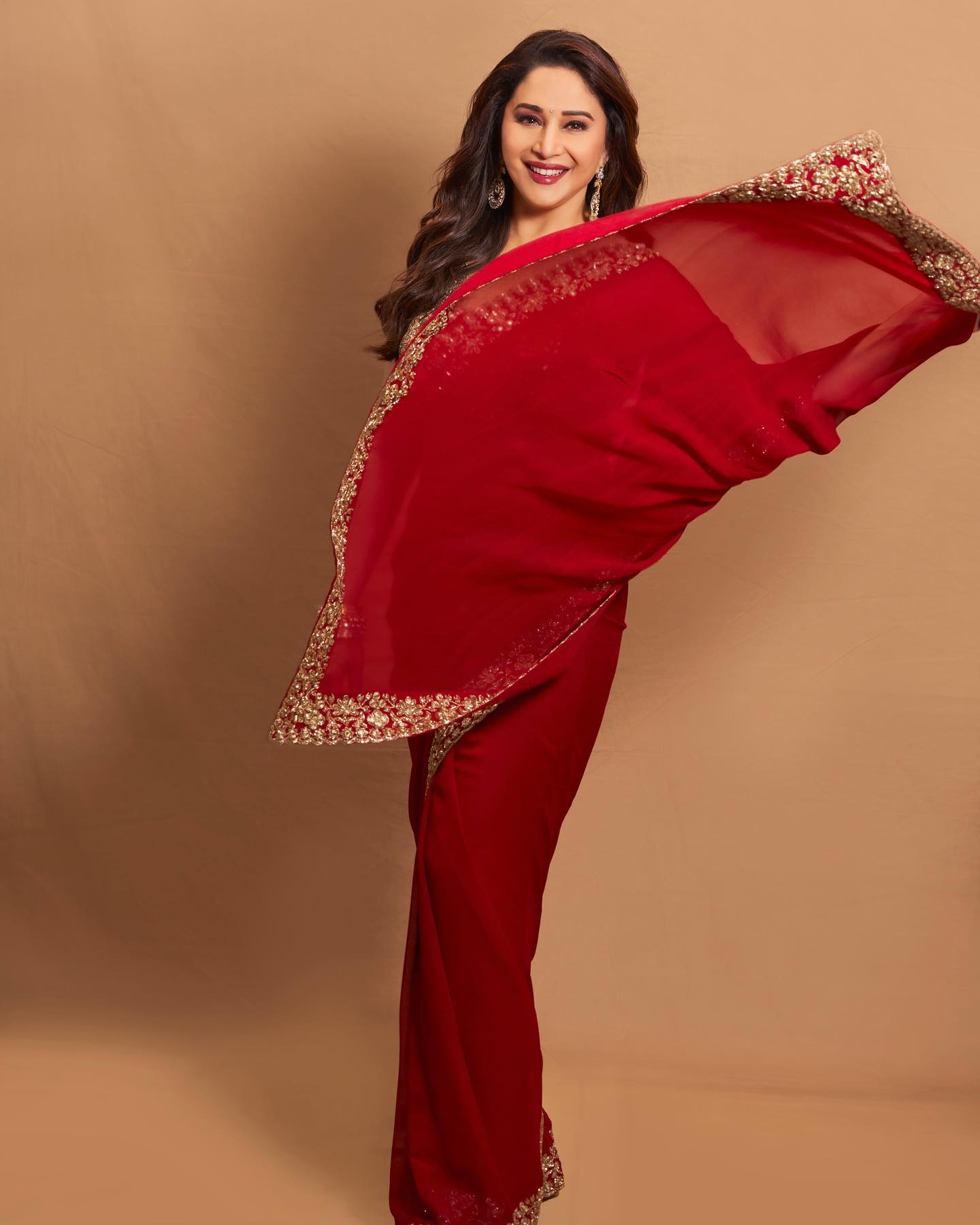 Madhuri Dixit Red Color Soft georgette Gold thread Zari and sequence work Wedding Party Wear Saree