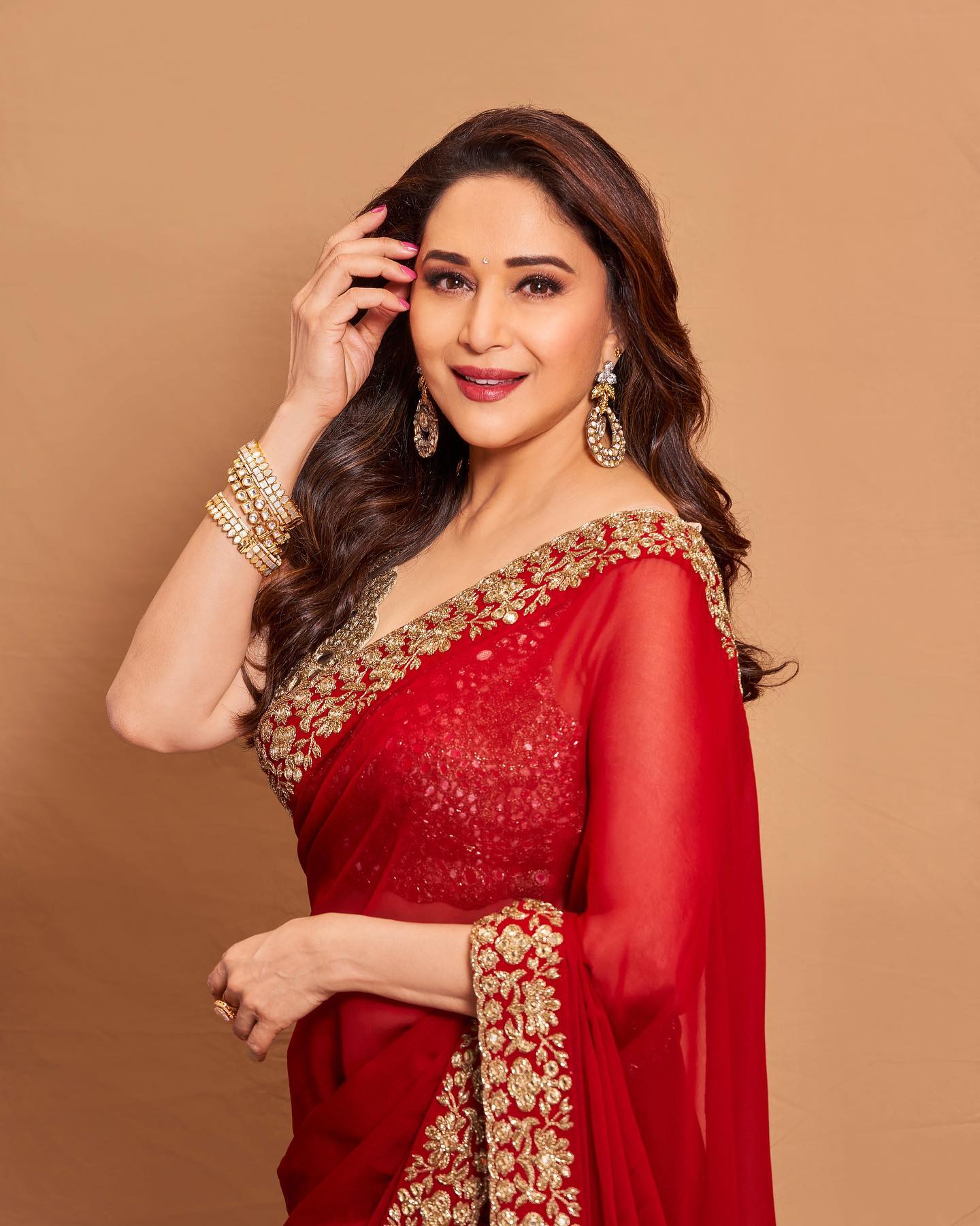 Madhuri Dixit Red Color Soft georgette Gold thread Zari and sequence work Wedding Party Wear Saree