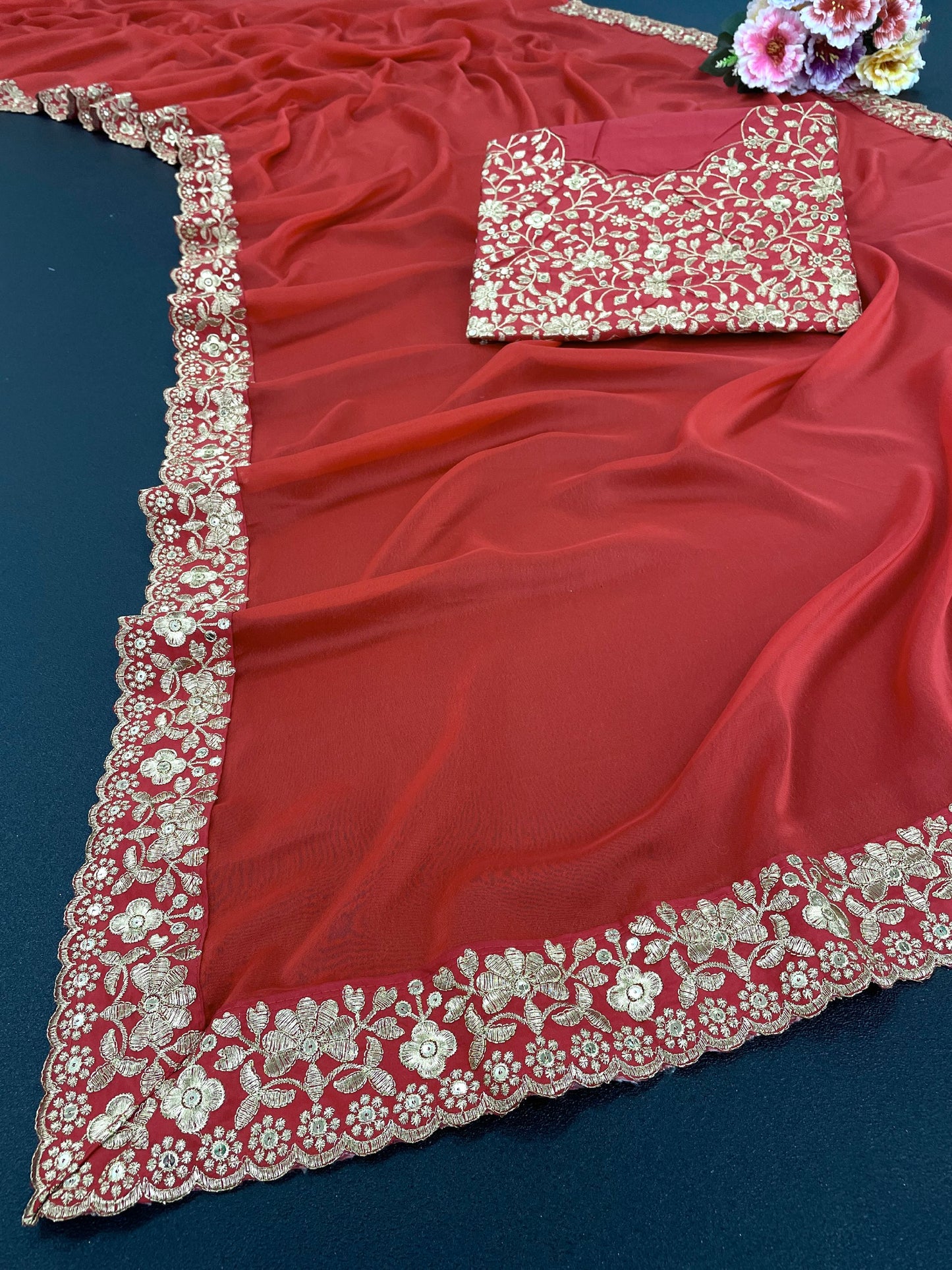 Madhuri Dixit Red Color Soft georgette Gold thread Zari and sequence work Wedding Party Wear Saree