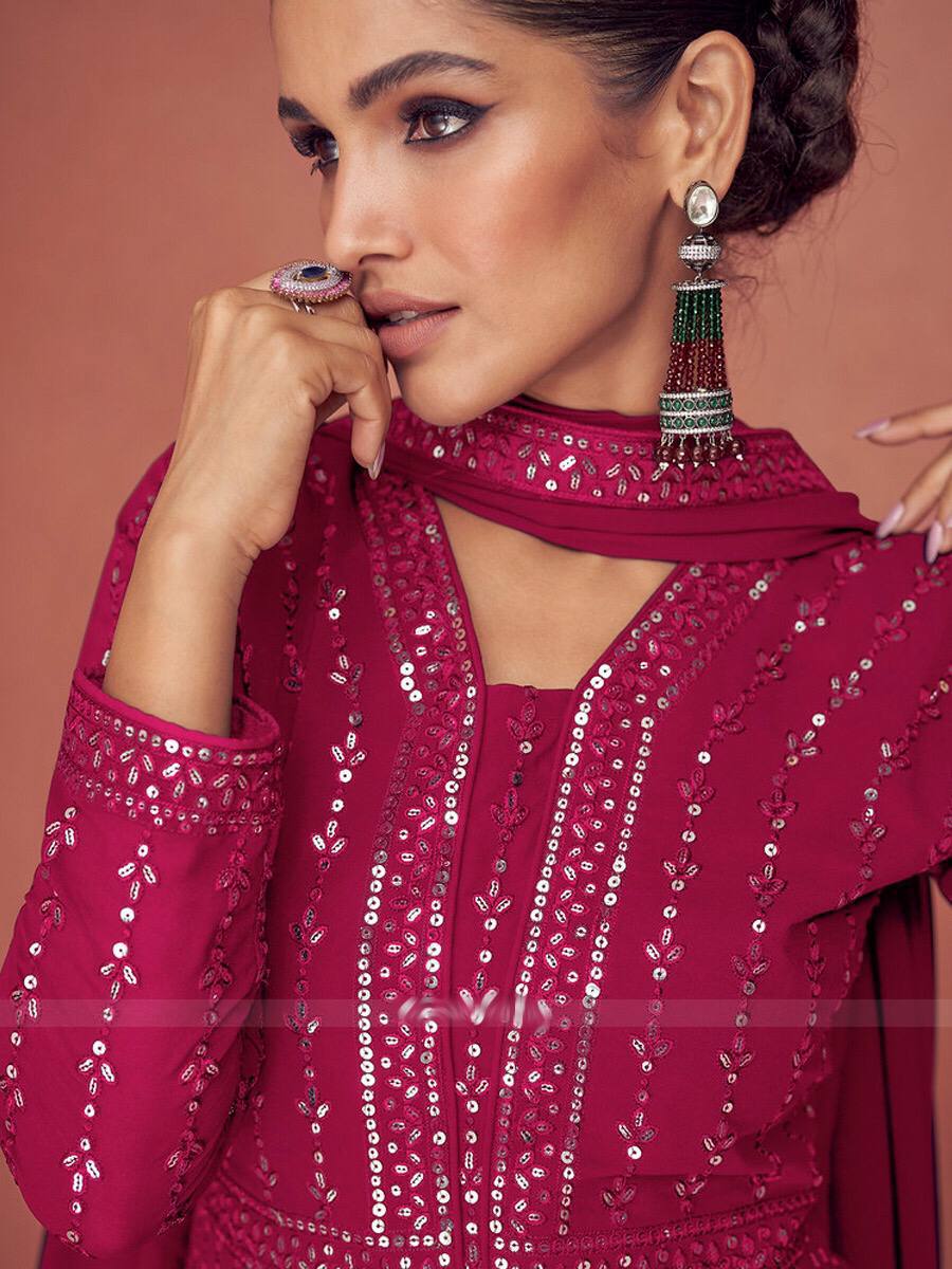 Red & Green Women's Faux Georgette Stitched Top with Bottom and Dupatta Embroidered Flared Gown