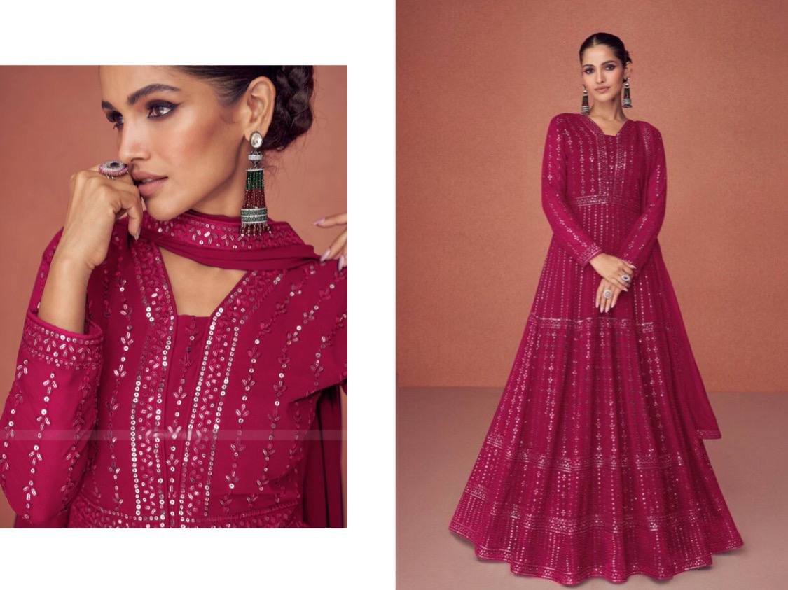 Red & Green Women's Faux Georgette Stitched Top with Bottom and Dupatta Embroidered Flared Gown