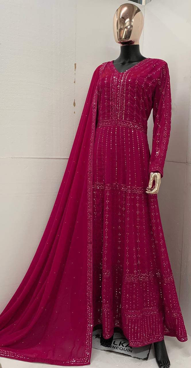 Red & Green Women's Faux Georgette Stitched Top with Bottom and Dupatta Embroidered Flared Gown
