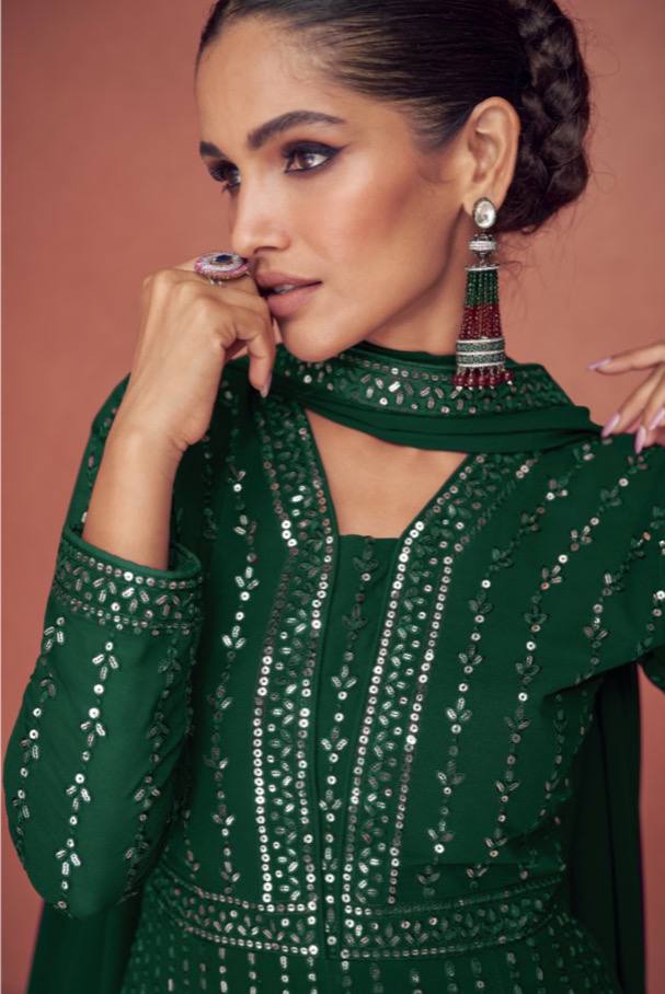 Red & Green Women's Faux Georgette Stitched Top with Bottom and Dupatta Embroidered Flared Gown