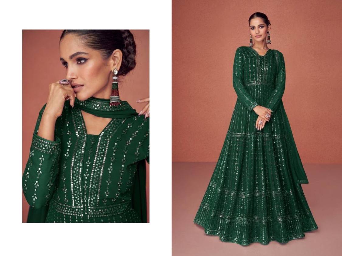 Red & Green Women's Faux Georgette Stitched Top with Bottom and Dupatta Embroidered Flared Gown