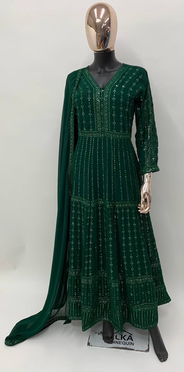 Red & Green Women's Faux Georgette Stitched Top with Bottom and Dupatta Embroidered Flared Gown