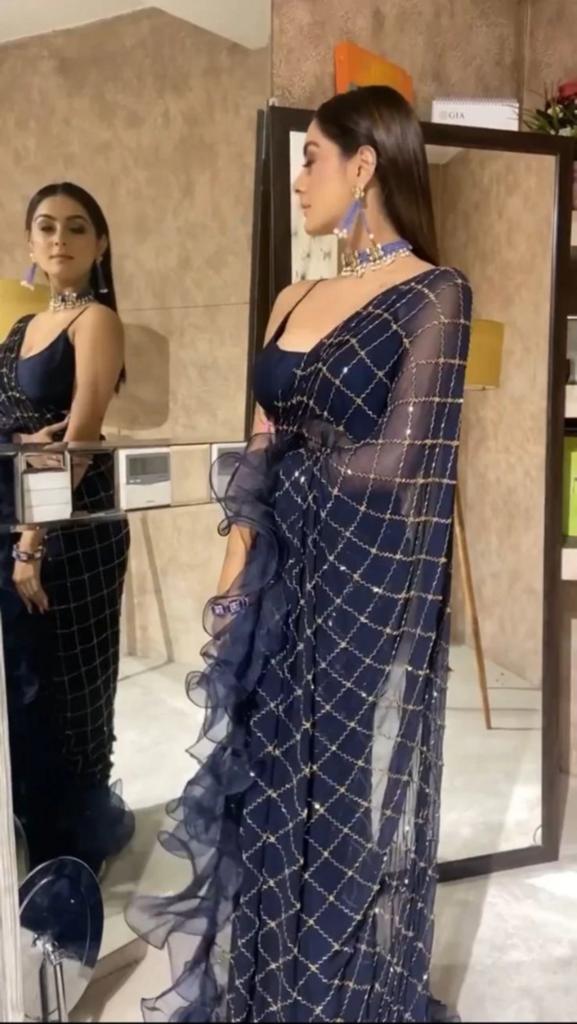 BLUE COLOR NET FABRIC SEQUENCE WORK RUFFLE DESIGN SARI WITH UNSTITCH BENGLORI SILK BLOUSE