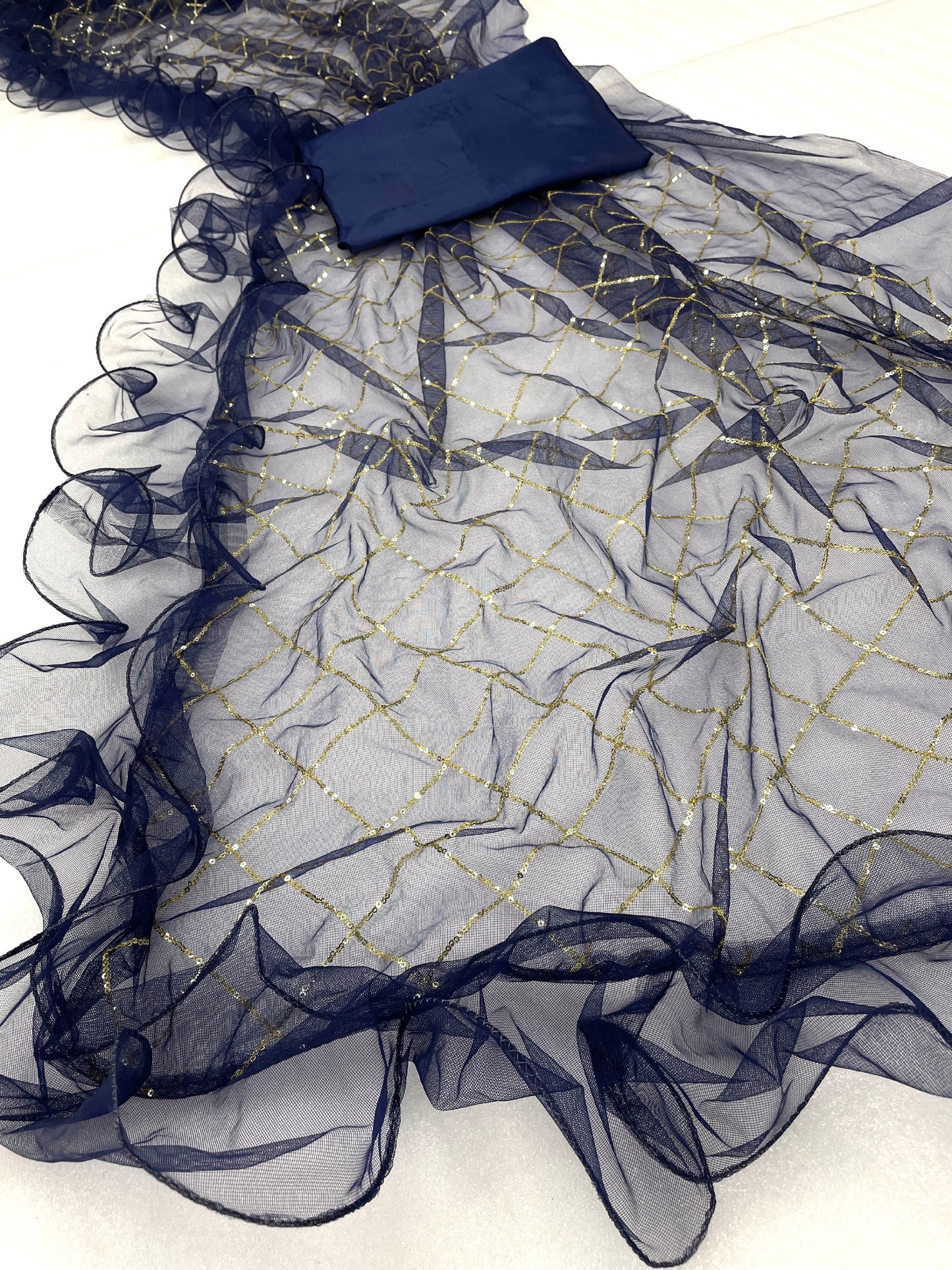 BLUE COLOR NET FABRIC SEQUENCE WORK RUFFLE DESIGN SARI WITH UNSTITCH BENGLORI SILK BLOUSE