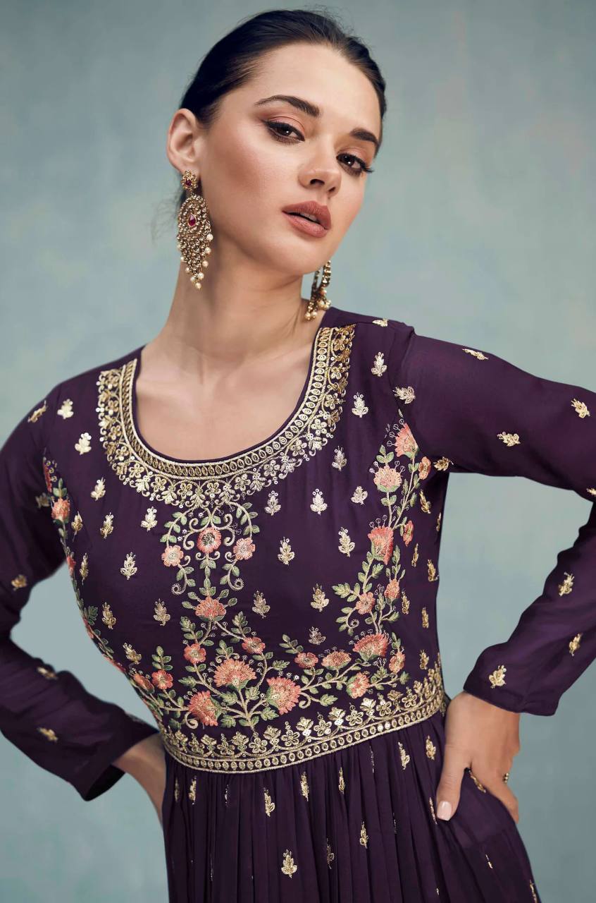Wine Georgette Long Kurta With Embroidery And Sequence Work And Georgette Matching Dupatta With Lace Border For Women