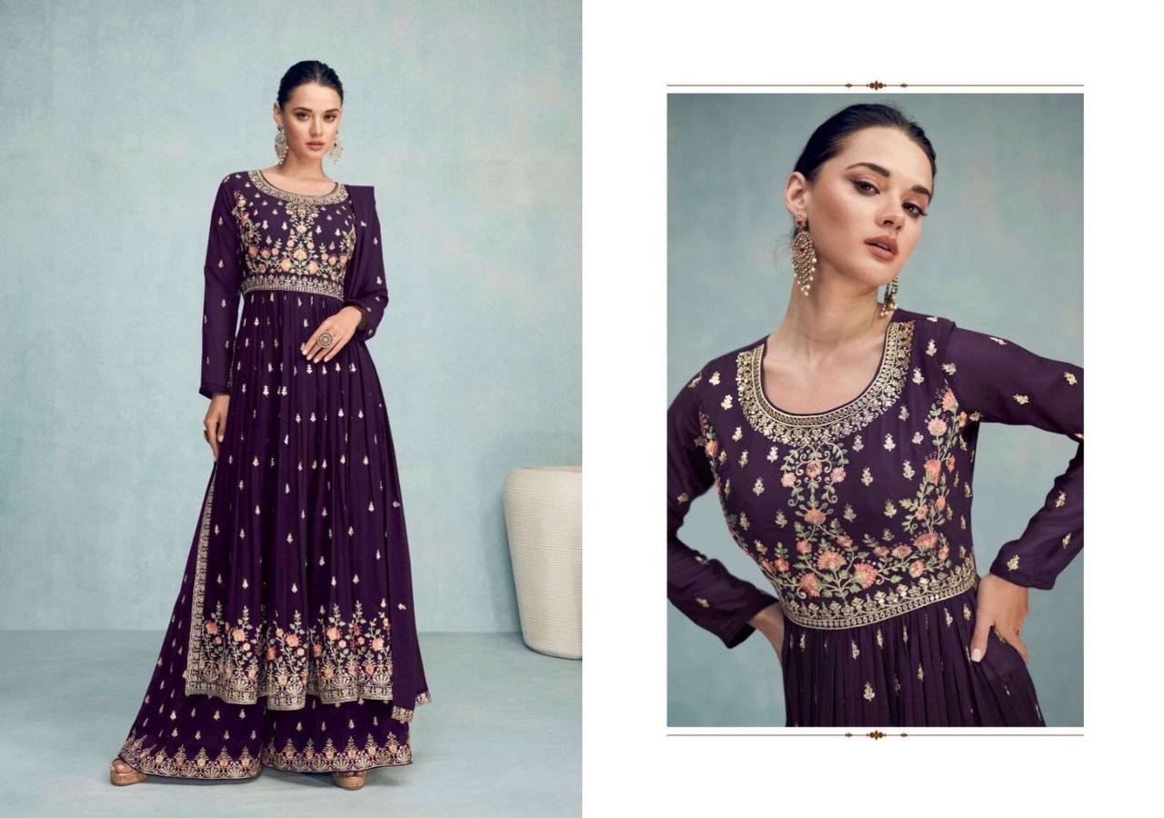 Wine Georgette Long Kurta With Embroidery And Sequence Work And Georgette Matching Dupatta With Lace Border For Women