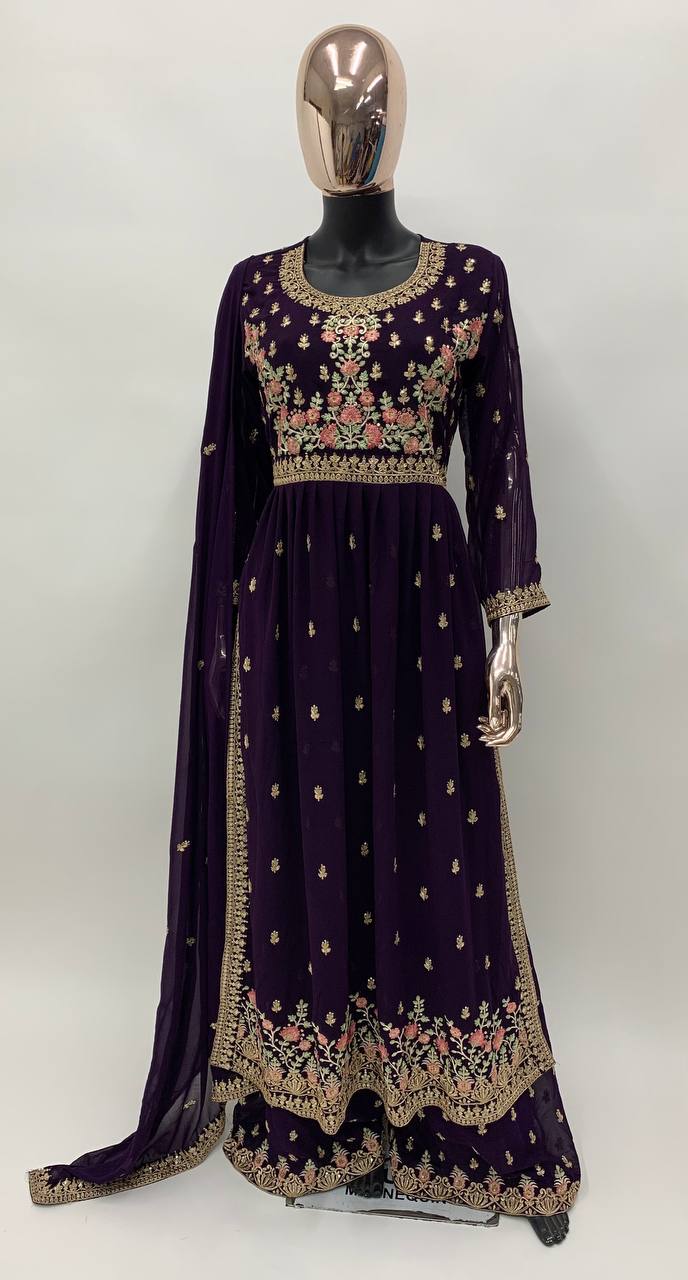 Wine Georgette Long Kurta With Embroidery And Sequence Work And Georgette Matching Dupatta With Lace Border For Women