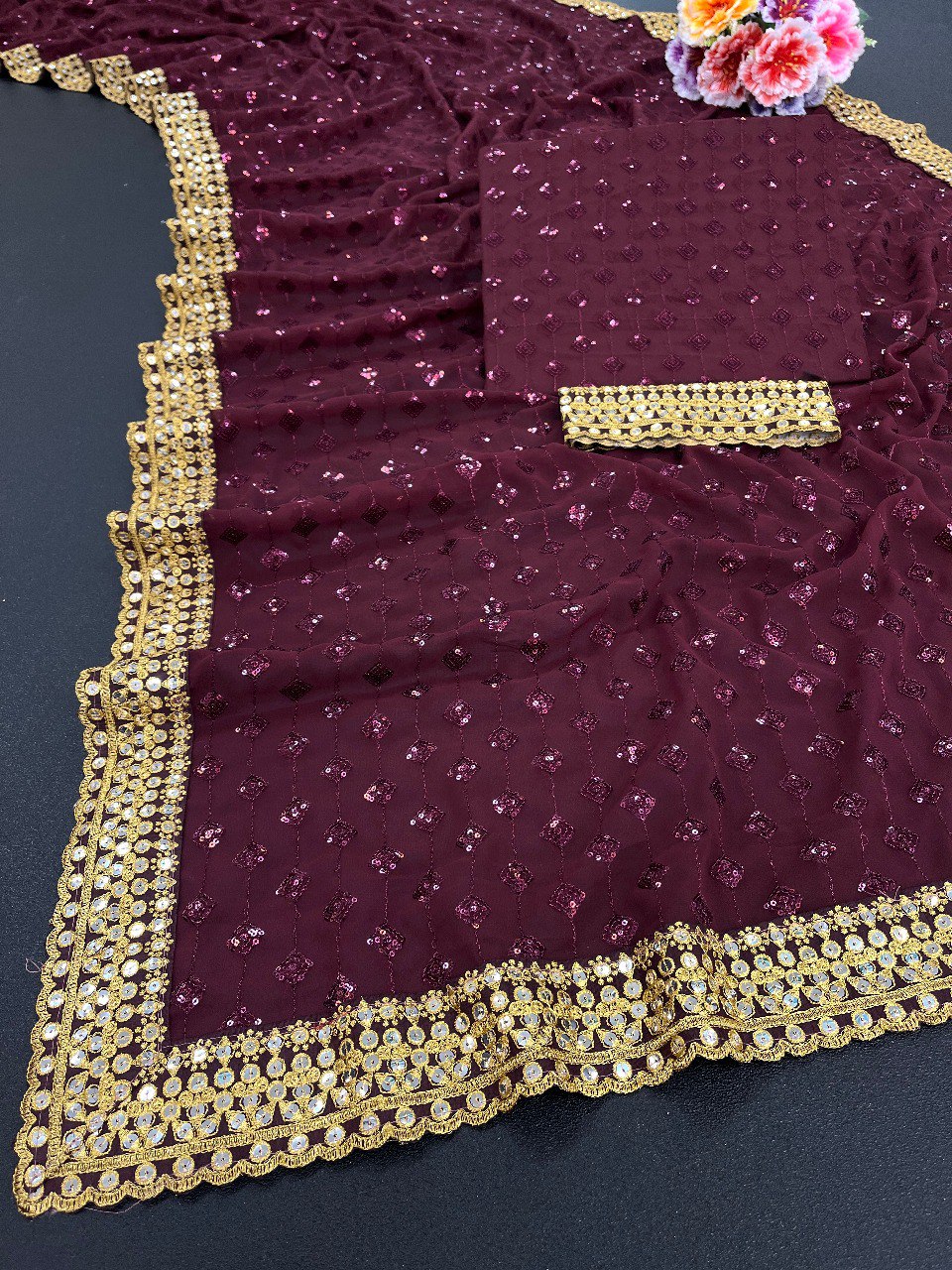 Women's And Girls Heavy Georgette Wine Colours Saree With Sequins Multi And Cotton Thread Embroidery Work Wedding Wear Saree