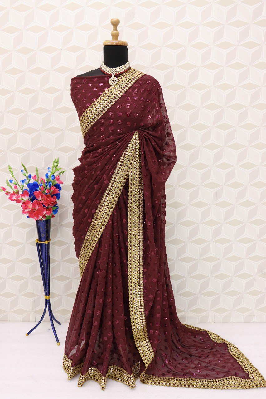 Women's And Girls Heavy Georgette Wine Colours Saree With Sequins Multi And Cotton Thread Embroidery Work Wedding Wear Saree