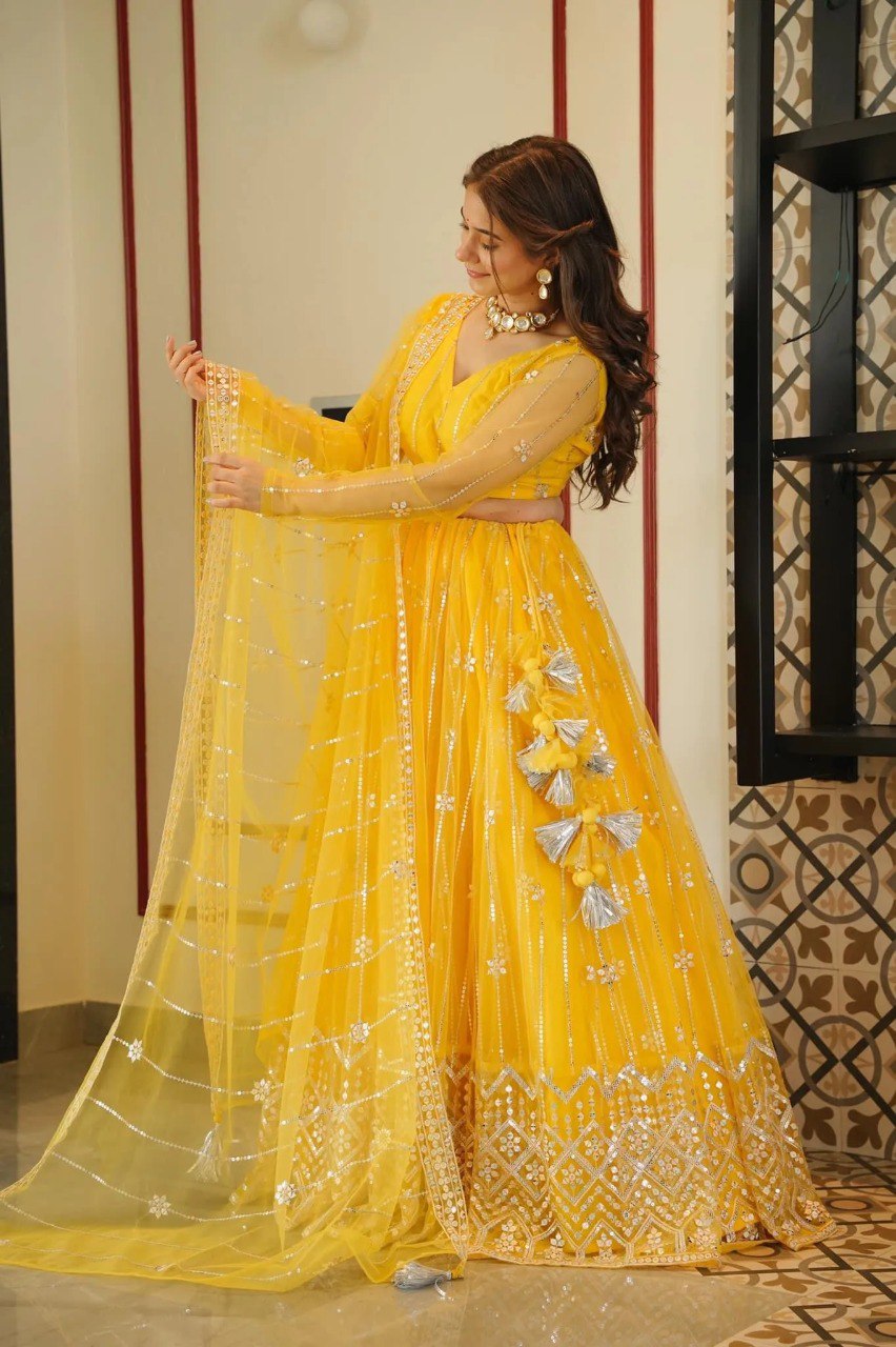 Haldi Special Yellow Premium Soft Net Designer Lehenga Choli With Sequence Embroidery Work Party Wear Lehenga Choli
