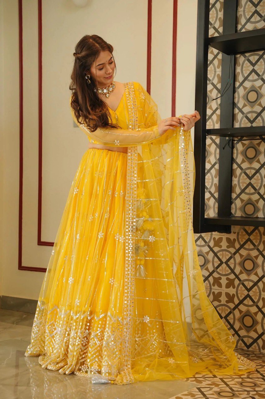 Haldi Special Yellow Premium Soft Net Designer Lehenga Choli With Sequence Embroidery Work Party Wear Lehenga Choli