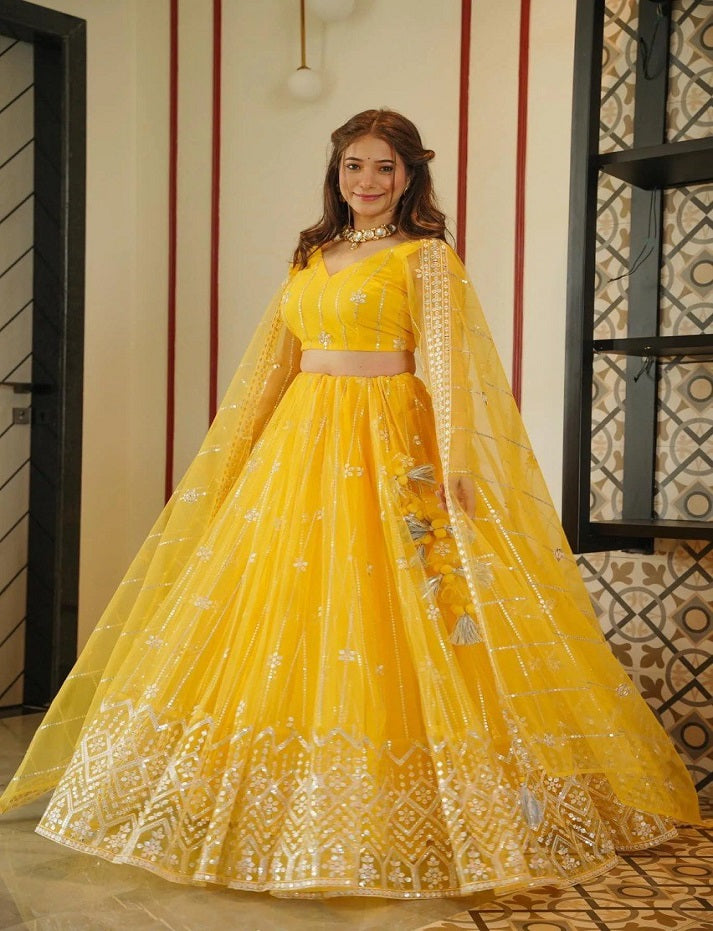 Haldi Special Yellow Premium Soft Net Designer Lehenga Choli With Sequence Embroidery Work Party Wear Lehenga Choli