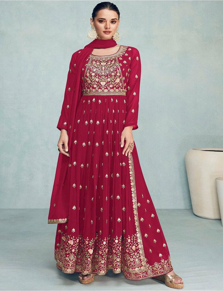 Beautiful Red Embroidery Georgette Festival Wear Anarkali Gown For Womens