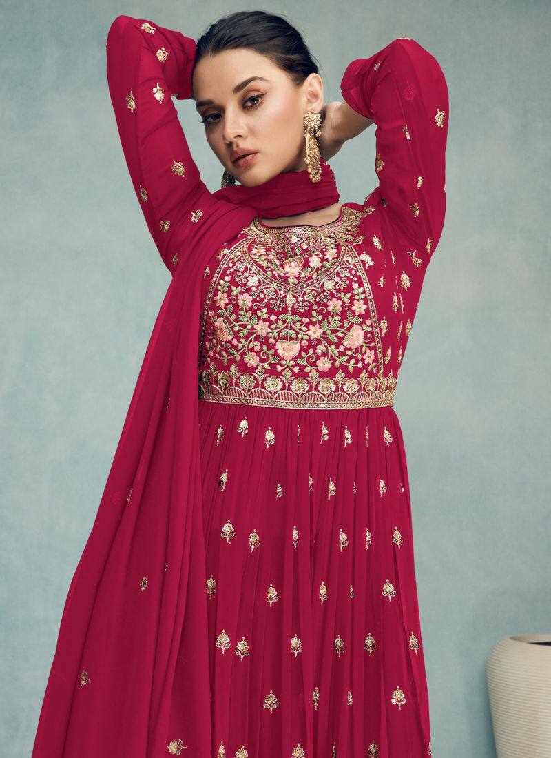 Beautiful Red Embroidery Georgette Festival Wear Anarkali Gown For Womens