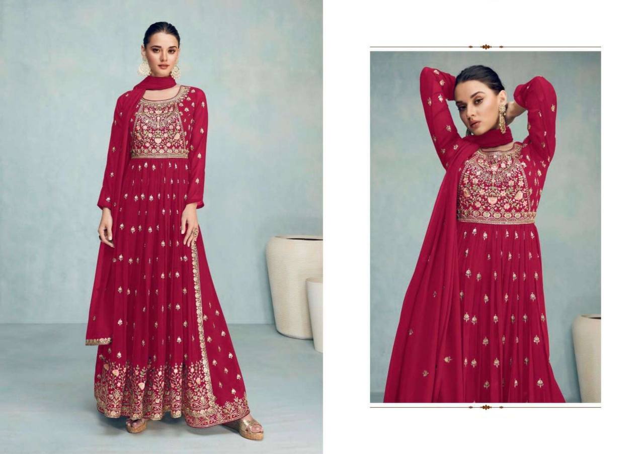 Beautiful Red Embroidery Georgette Festival Wear Anarkali Gown For Womens