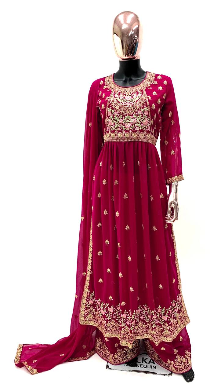 Beautiful Red Embroidery Georgette Festival Wear Anarkali Gown For Womens