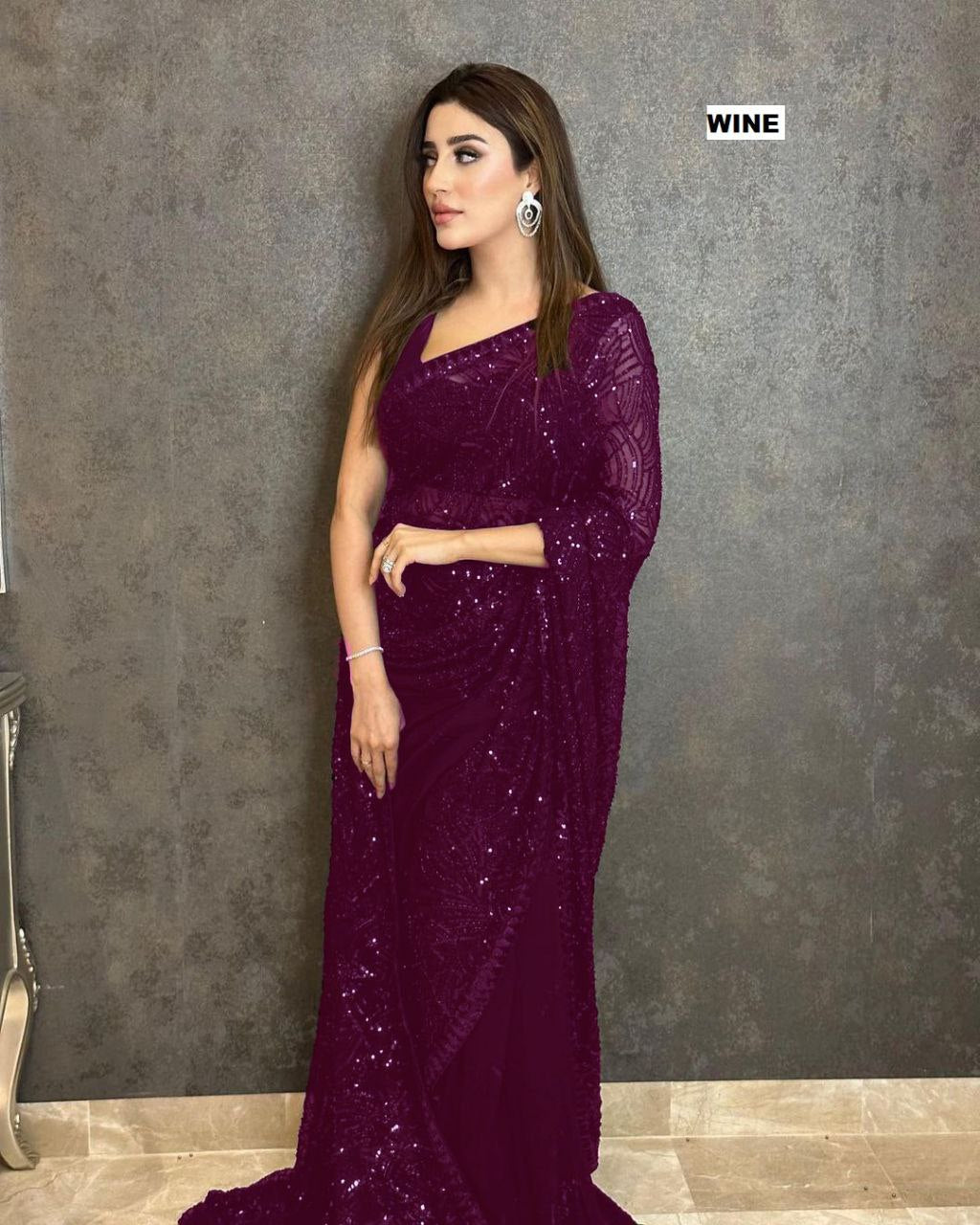 Georgette made Saree with Heavy Sequence Embroidery Work, Partywear Saree, Pre-stitched Saree Bollywood Style Ready to Wear Saree