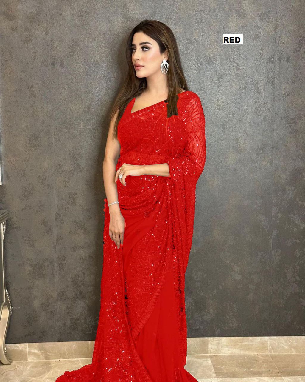 Georgette made Saree with Heavy Sequence Embroidery Work, Partywear Saree, Pre-stitched Saree Bollywood Style Ready to Wear Saree