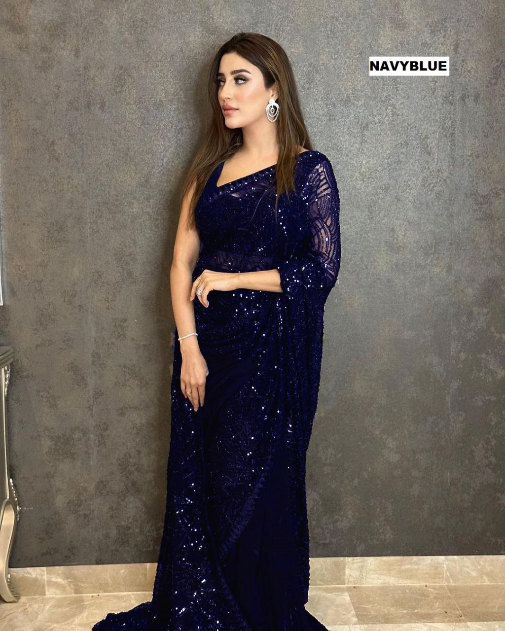 Georgette made Saree with Heavy Sequence Embroidery Work, Partywear Saree, Pre-stitched Saree Bollywood Style Ready to Wear Saree