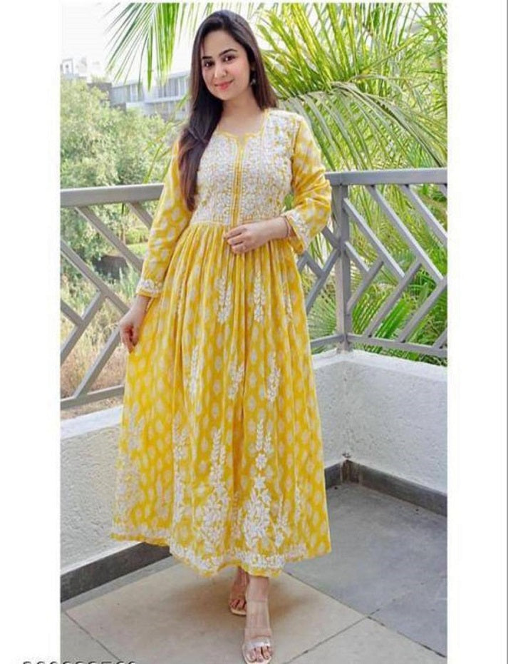 Beautiful Hand Embroidered Chikankari Long Flared Kurta sets women Salwar Kameez Readymade Indian Cotton Dress