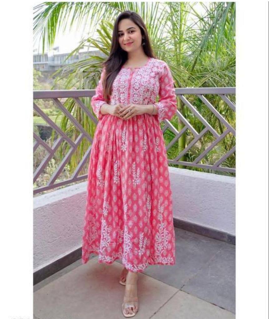 Beautiful Hand Embroidered Chikankari Long Flared Kurta sets women Salwar Kameez Readymade Indian Cotton Dress