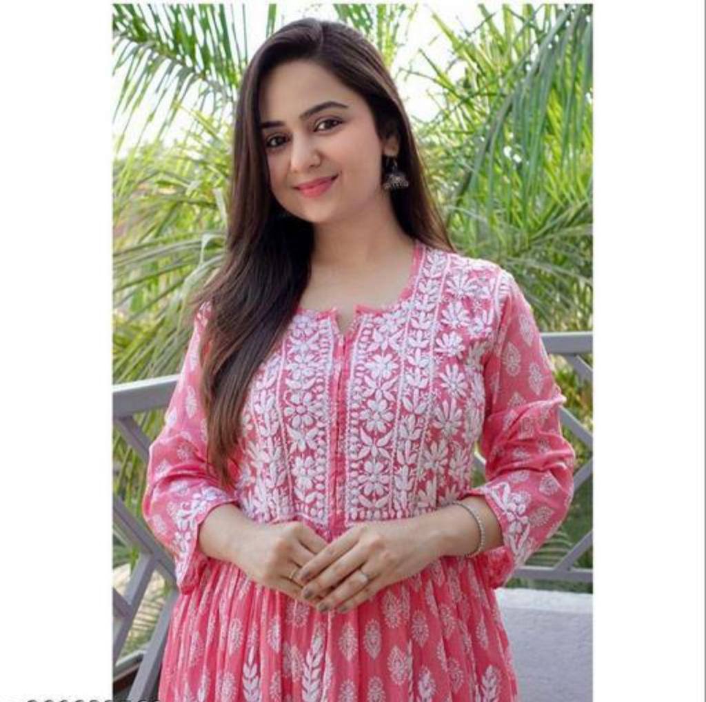 Beautiful Hand Embroidered Chikankari Long Flared Kurta sets women Salwar Kameez Readymade Indian Cotton Dress