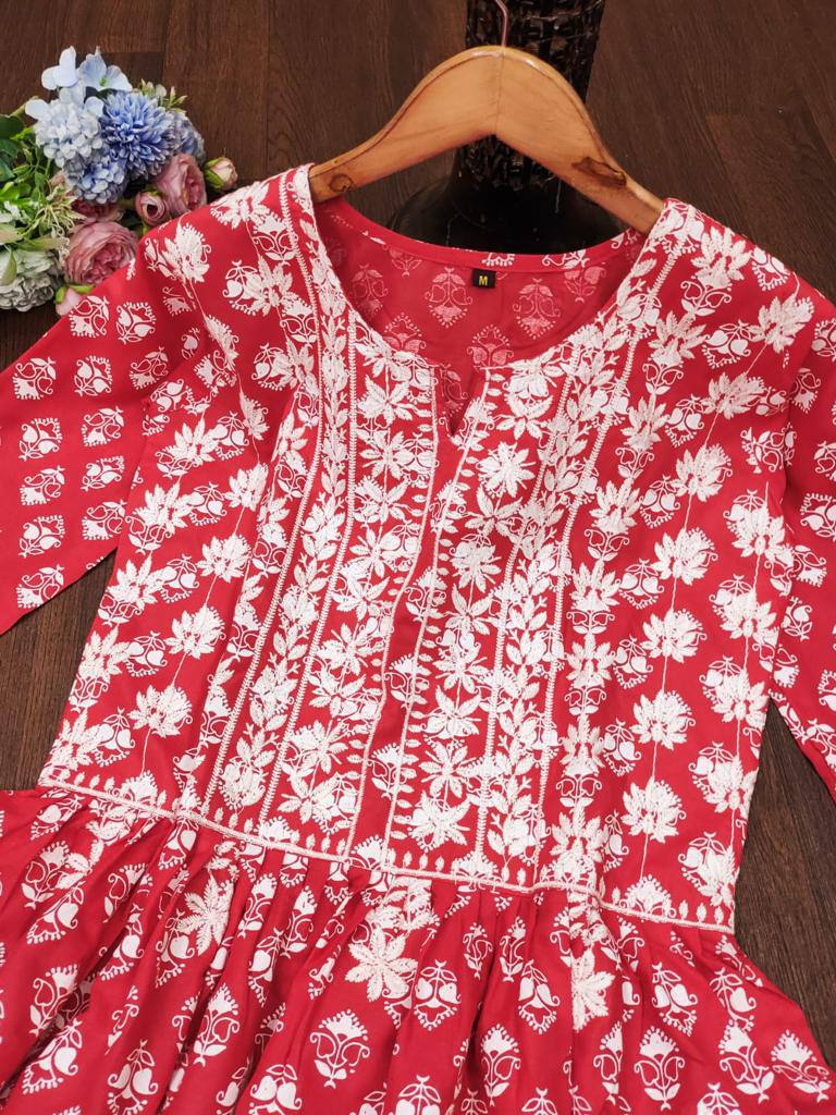 Beautiful Hand Embroidered Chikankari Long Flared Kurta sets women Salwar Kameez Readymade Indian Cotton Dress