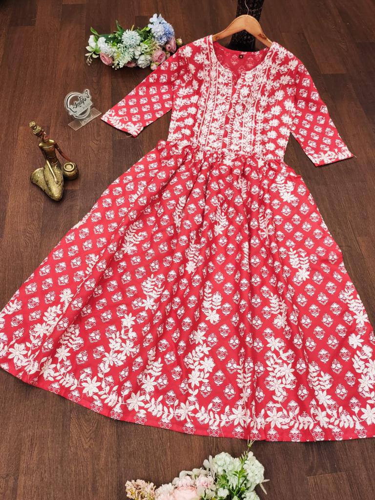 Beautiful Hand Embroidered Chikankari Long Flared Kurta sets women Salwar Kameez Readymade Indian Cotton Dress