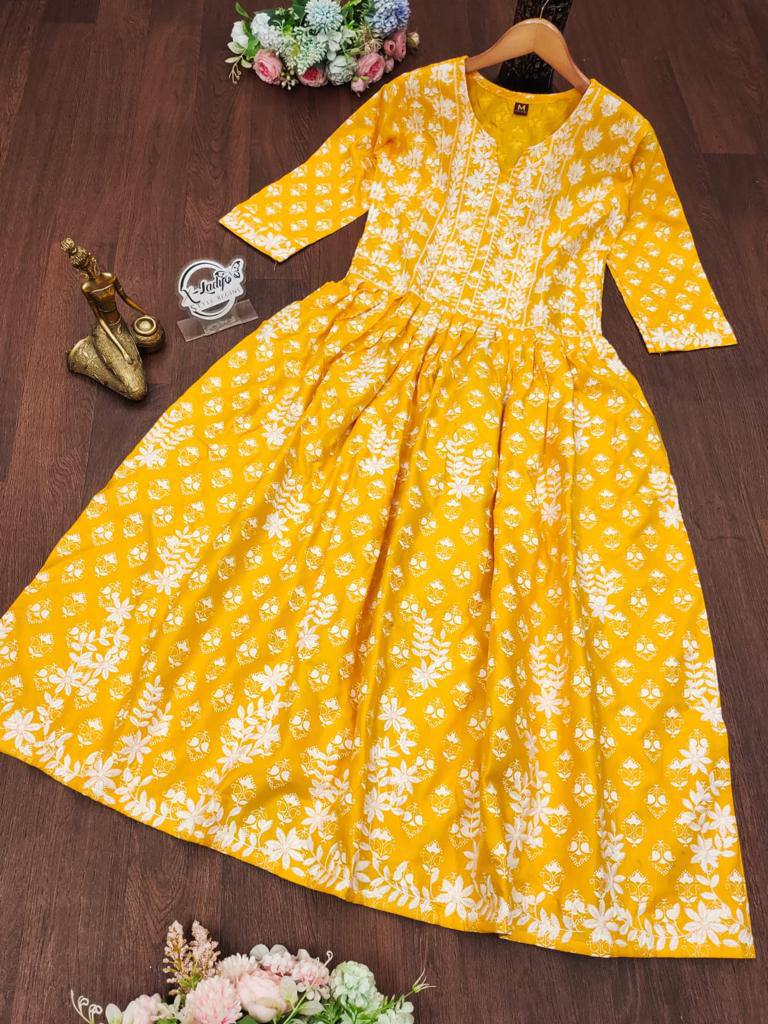 Beautiful Hand Embroidered Chikankari Long Flared Kurta sets women Salwar Kameez Readymade Indian Cotton Dress