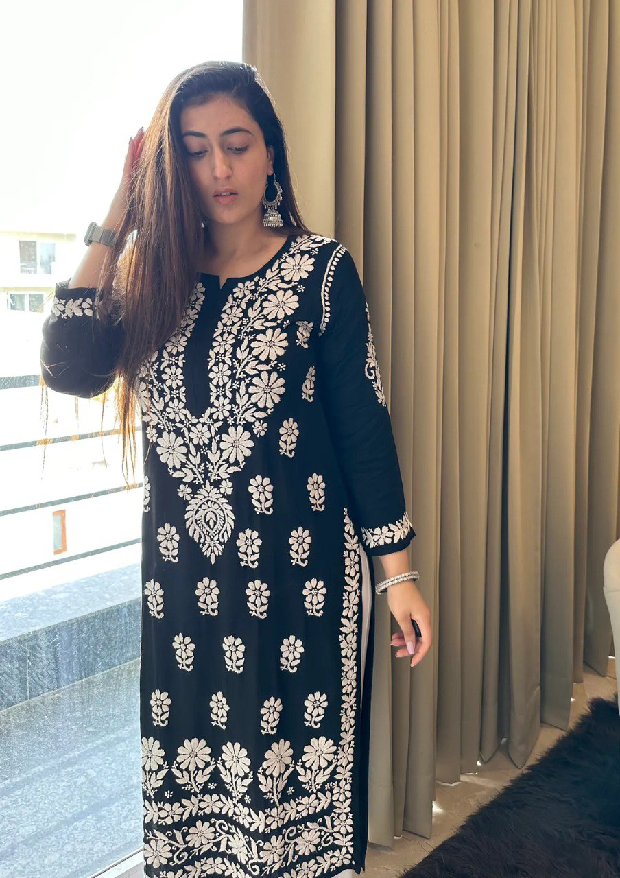 Black Women's Regular Fit Chain Stitch Work Cotton Kurti Top and Pant Set