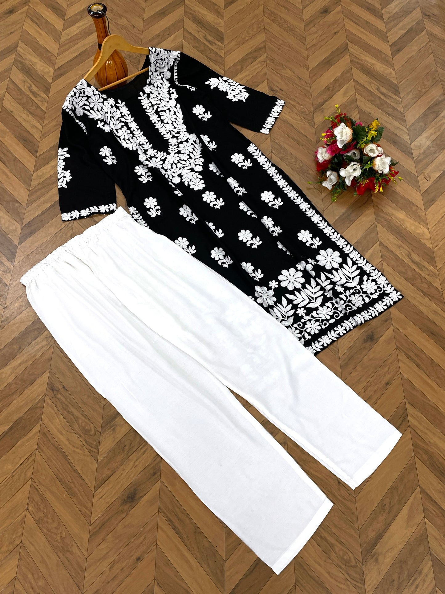 Black Women's Regular Fit Chain Stitch Work Cotton Kurti Top and Pant Set