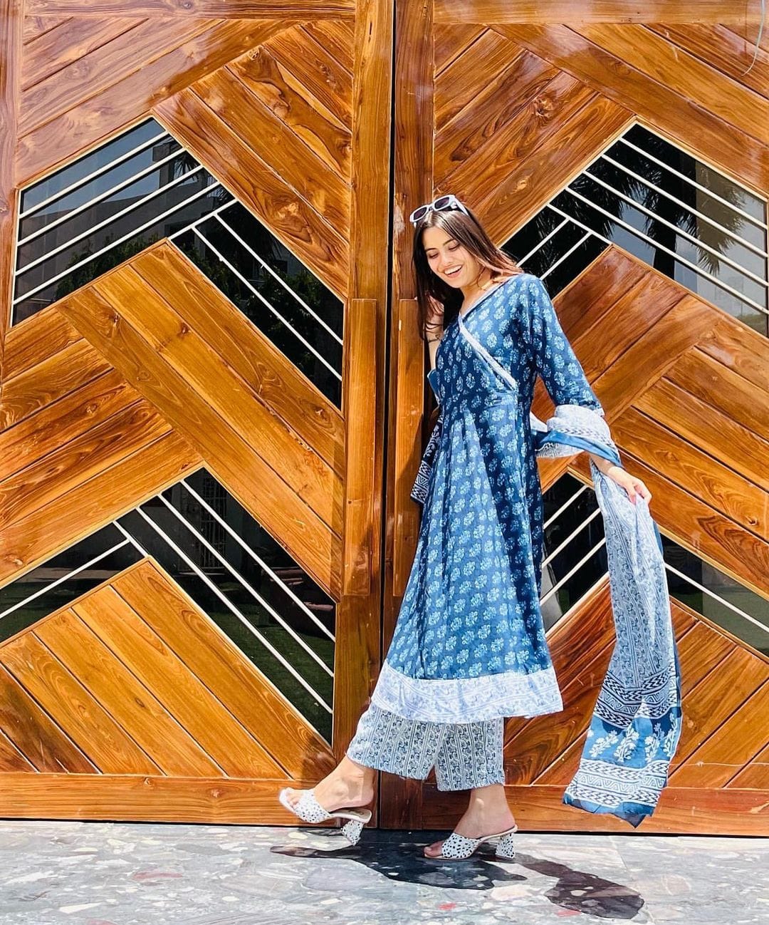 Beautiful Royal Blue Colour Reyon Cotton Digital Print Anarkali Gown,Trouser Pant with Dupatta
