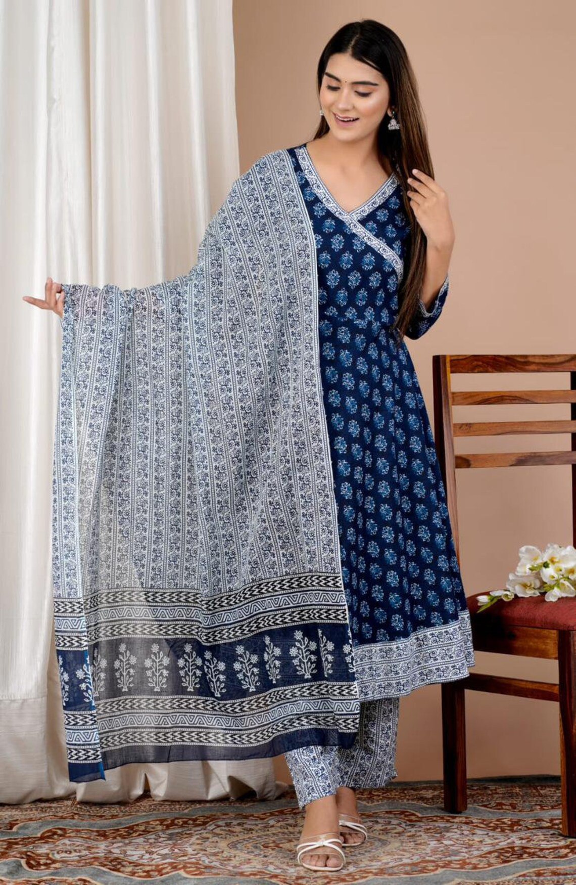 Beautiful Royal Blue Colour Reyon Cotton Digital Print Anarkali Gown,Trouser Pant with Dupatta