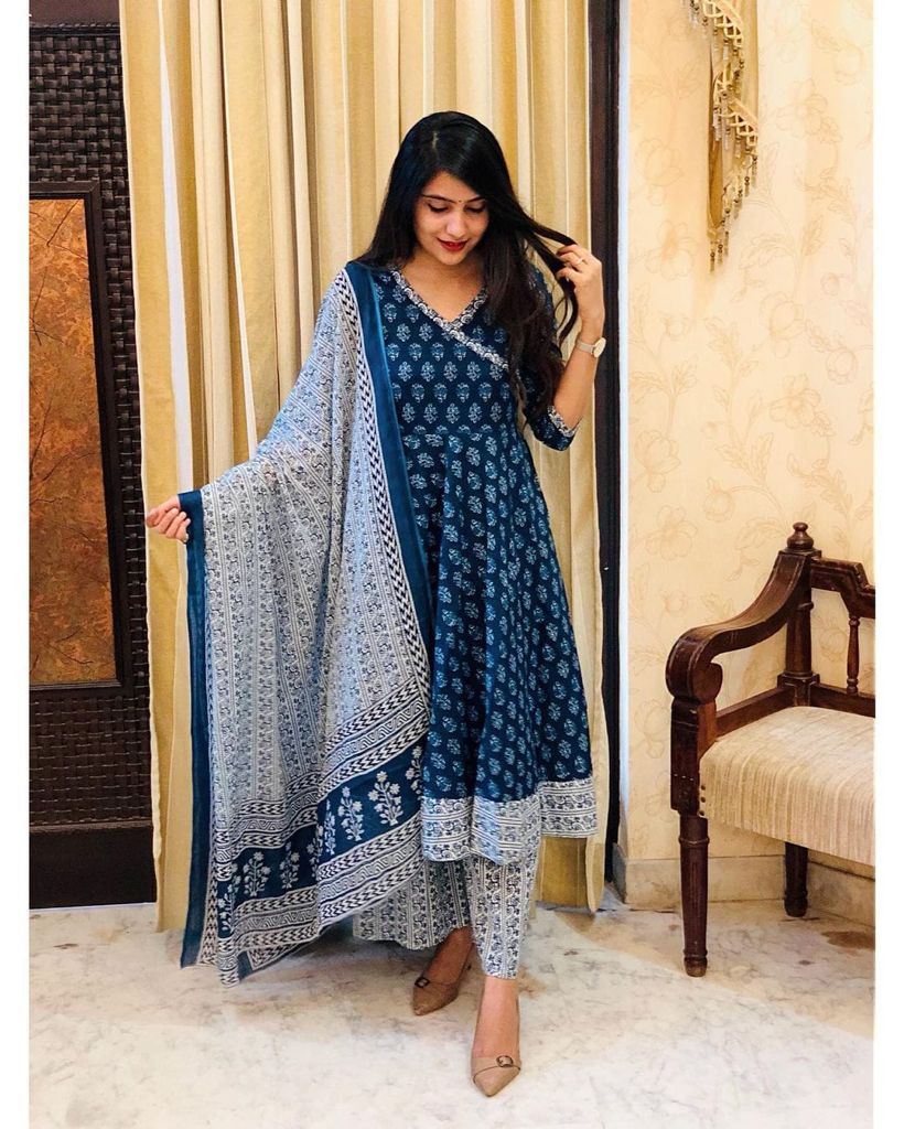 Beautiful Royal Blue Colour Reyon Cotton Digital Print Anarkali Gown,Trouser Pant with Dupatta
