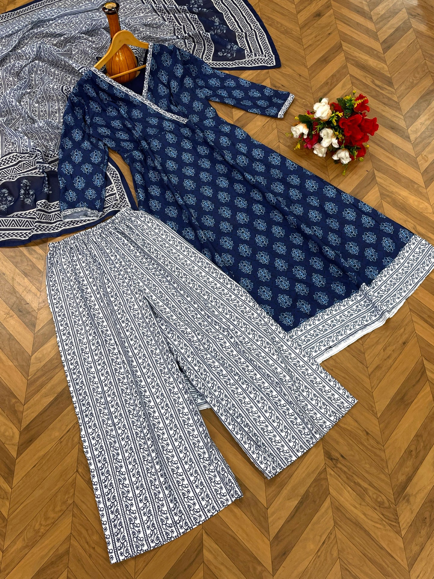 Beautiful Royal Blue Colour Reyon Cotton Digital Print Anarkali Gown,Trouser Pant with Dupatta