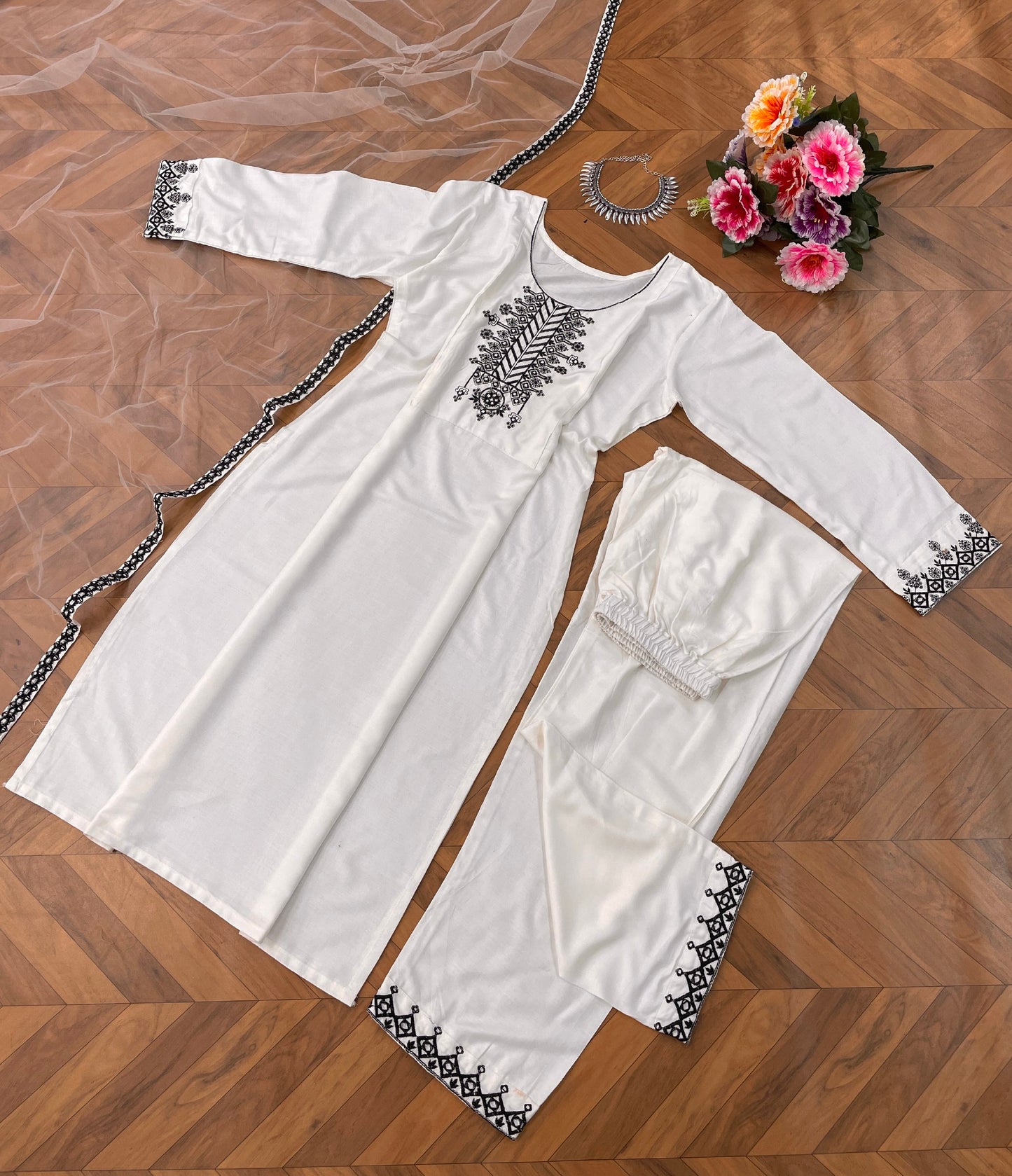 White Stylish Rayon Cotton Kurta Set with Fancy Thread Work Fully Stitched and Ready to Wear Perfect for Any Occasion