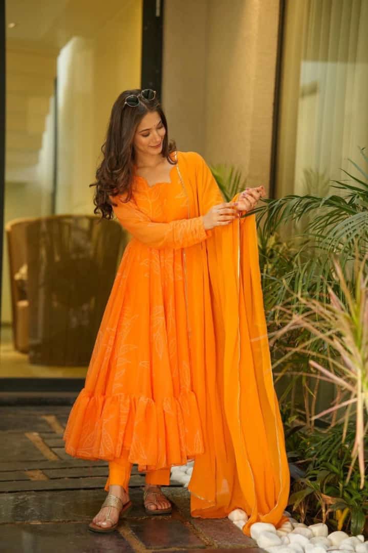 Marigold Orange Full Flare Maxi Dress Georgette Gown with Dupatta Ethnic Dress for Women