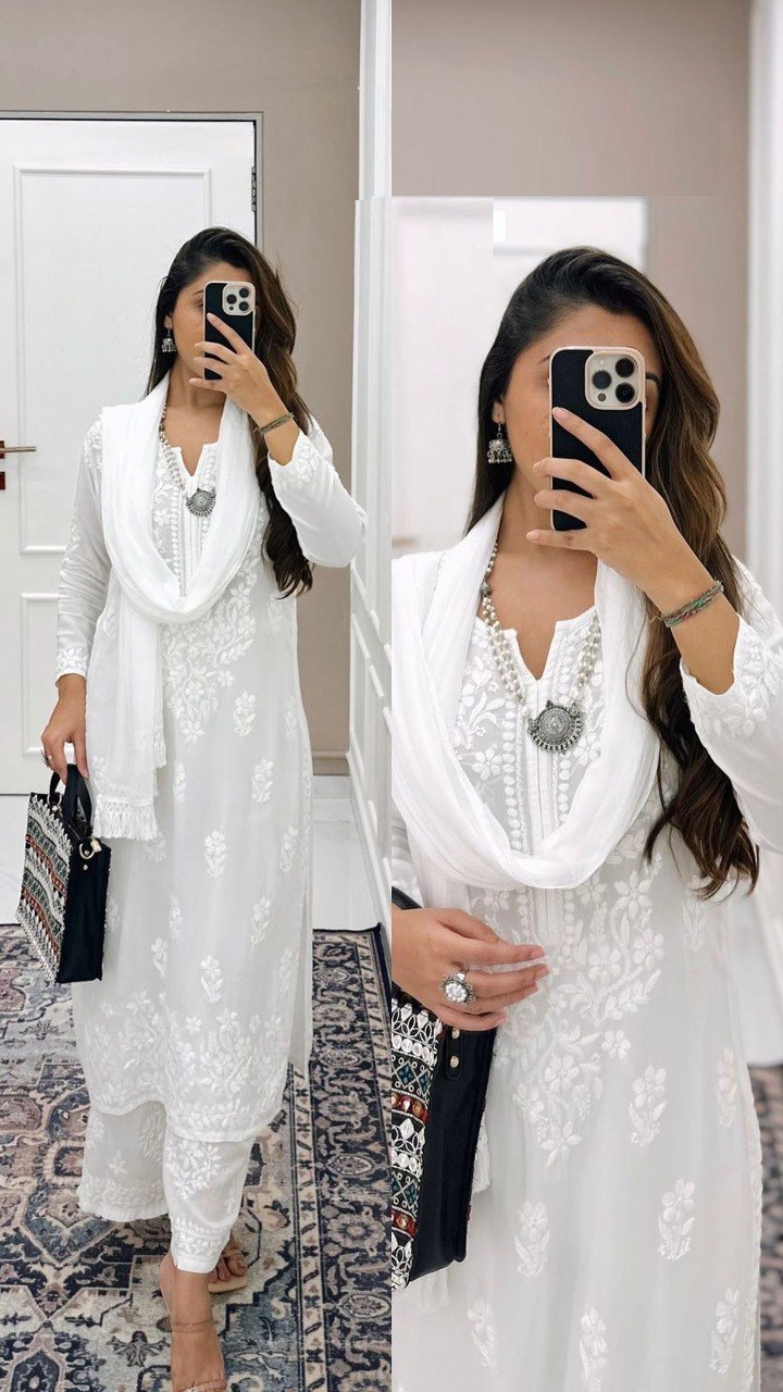 White Women Maslin top with cotton thread embroidered work stitched Kurta with Palazzo & Dupatta Set