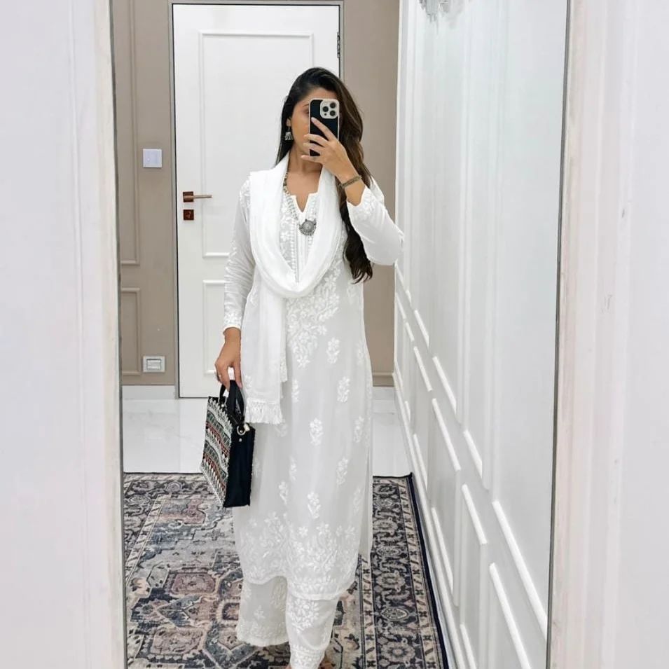 White Women Maslin top with cotton thread embroidered work stitched Kurta with Palazzo & Dupatta Set