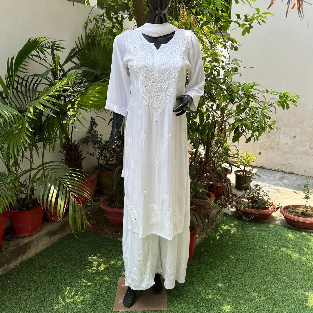 White Women Maslin top with cotton thread embroidered work stitched Kurta with Palazzo & Dupatta Set