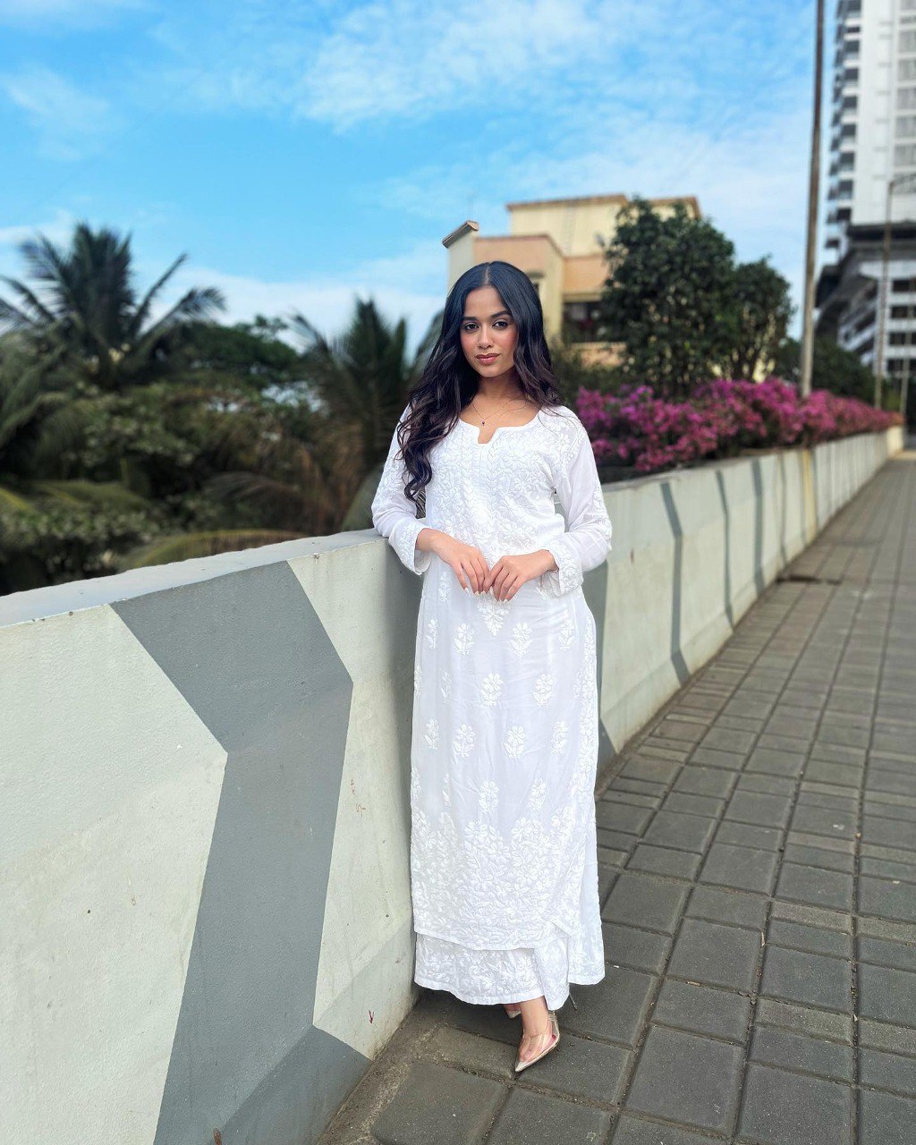 White Women Maslin top with cotton thread embroidered work stitched Kurta with Palazzo & Dupatta Set