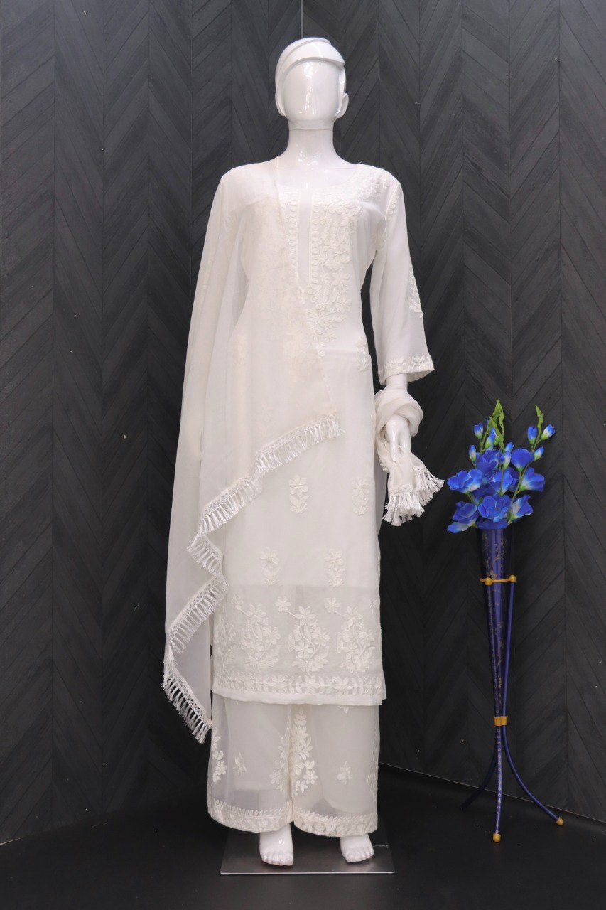 White Women Maslin top with cotton thread embroidered work stitched Kurta with Palazzo & Dupatta Set