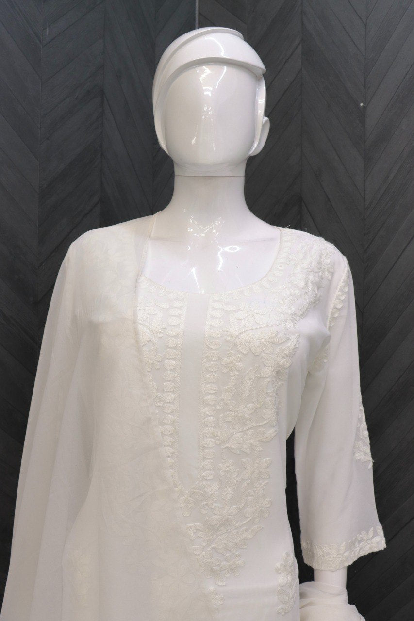 White Women Maslin top with cotton thread embroidered work stitched Kurta with Palazzo & Dupatta Set